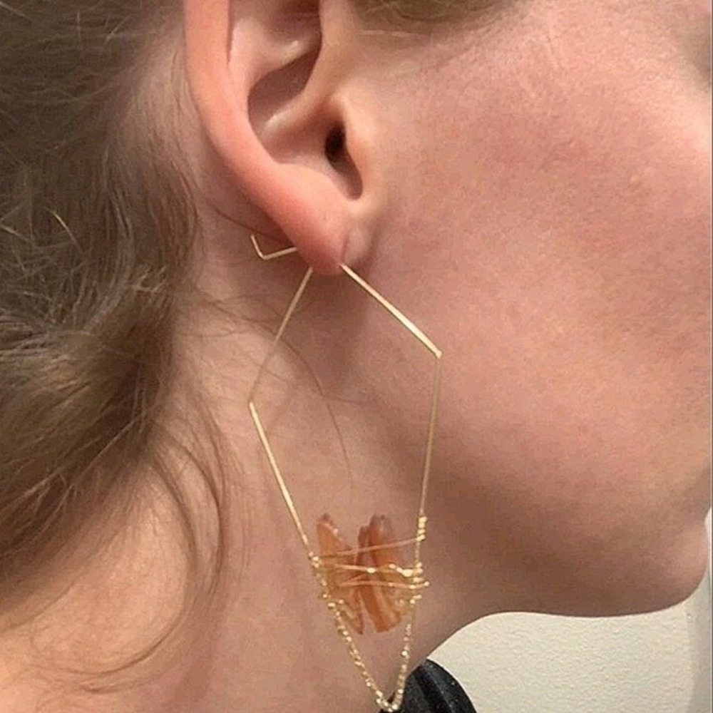 Gold Geometric Faux quartz Crystal Boho Hoop Earrings Statement wired indie 💖